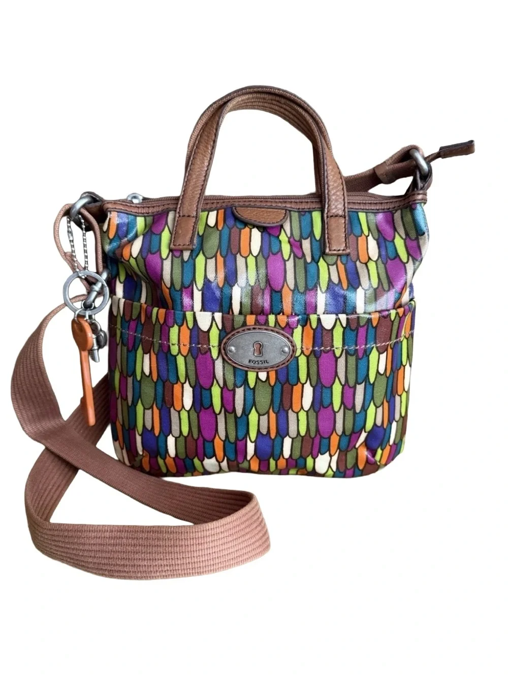 Fossil Calypso Key-Per Multicolor Crossbody Bag Coated Canvas Bag Charm Satchel